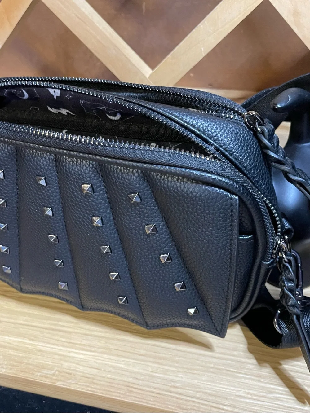 RadRev Edgy Crossbody in Black / Studded Batwing Scalloped Magnetic Flap